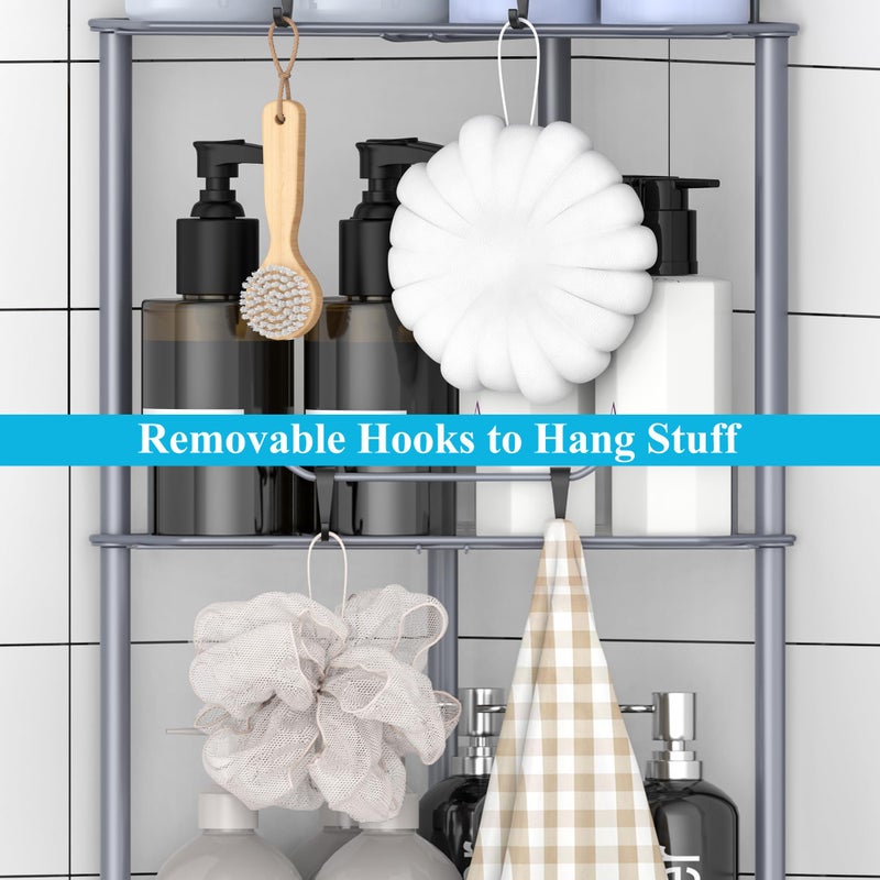 HuggieGems 3 Tier Floor Standing Corner Shower Caddy Organizer Shelf with Hooks, Bathroom Shelves Stand Rack, Dark Gray - Image 4